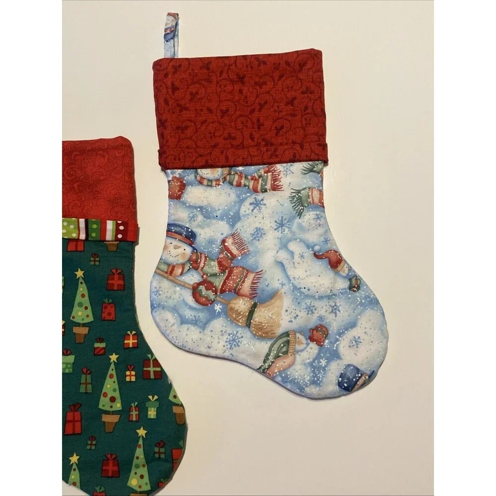 Handmade Christmas Stockings 12” Lot Of 2 Winter Snowman Trees Presents